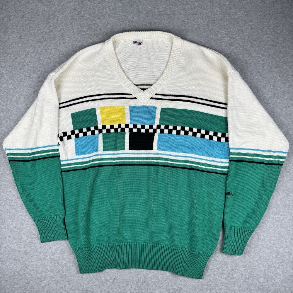 Vintage 80s HEAD Sportswear Mens's XL Geometric V-Neck Retro Crewneck Sweater